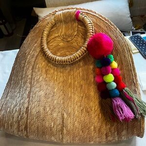 Colorful Pom Pom Straw Tote
